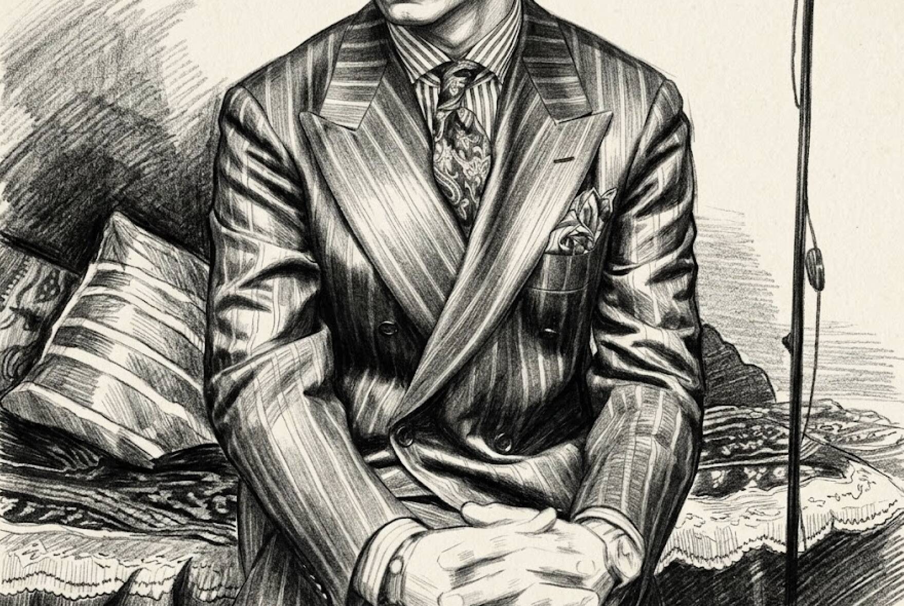 Pencil drawing of a seated man in a double-breasted striped suit, hands resting together.
